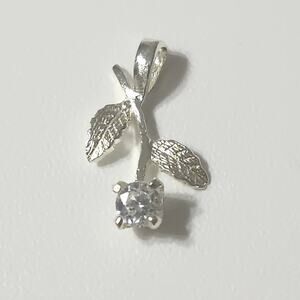 925 Sterling Silver Rose Pendant Clear Glass Flower Leaf Stem Tiny Charm Jewelry